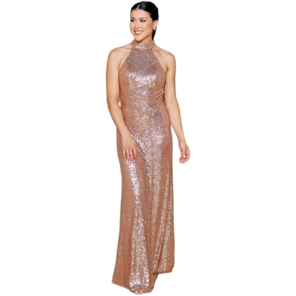 Revelry Dresses & Skirts - Revelry Gold Sequin "Tori" Halter Neck Long Evening Gown Size‎ 4